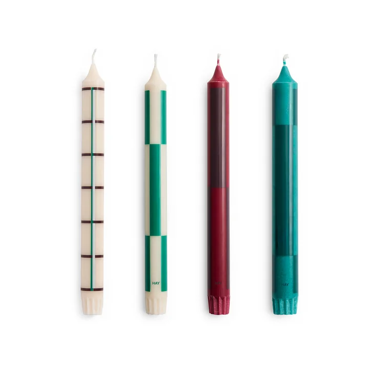 HAY - Pattern pillar candles, h 24 cm, green / bordeaux (set of 4)