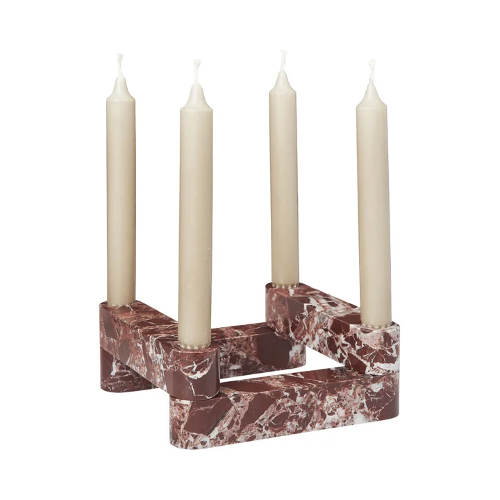 Ferm Living - Newel Modular candle holder, red / marble Rosso Levanto (4 pieces) with candles