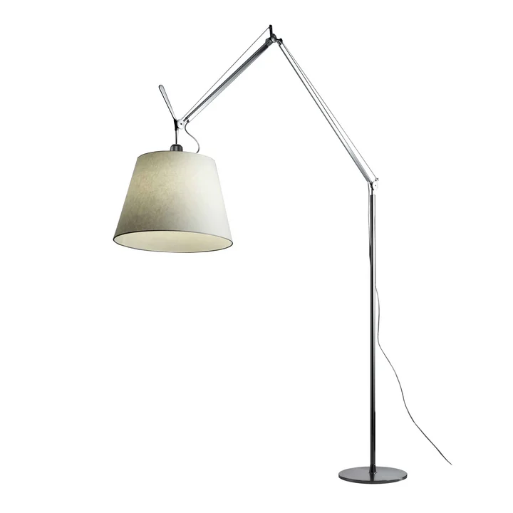 Tolomeo Mega floor lamp with dimmer, parchment shade Ø 42 cm, silver by Artemide