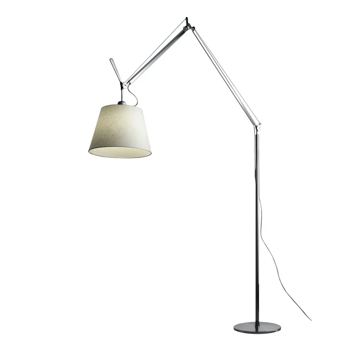 Tolomeo Mega floor lamp with dimmer, parchment shade Ø 32 cm, silver by Artemide