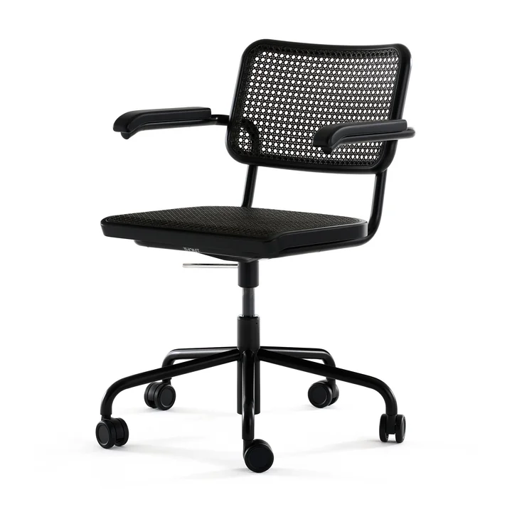 Thonet - S 64 VDR swivel chair, chrome / black stained beech (TP 29) / wickerwork with dark melange plastic support fabric