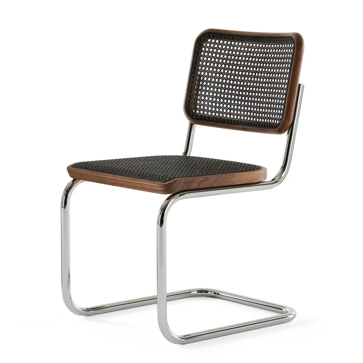 Thonet - S 32 V chair, chrome / walnut / wickerwork with dark melange plastic support fabric