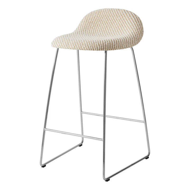 Gubi - 3D bar stool, polished stainless steel / brown white (Lupo Special Diagonal Bouclé 009 by Dedar)