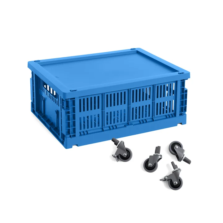 HAY - Colour Crate basket M with lid and wheels, electric blue, recycled