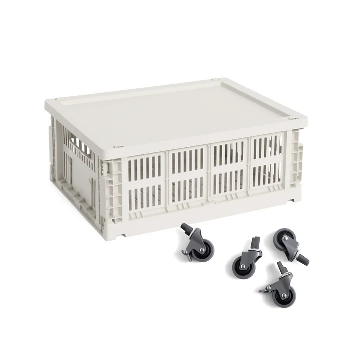HAY - Colour Crate basket M with lid and castors, off white, recycled