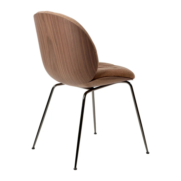 Gubi - Beetle Soft Dining Chair, front upholstered, black chrome / seat shell walnut / Belsuede Special FR Dedar (132)