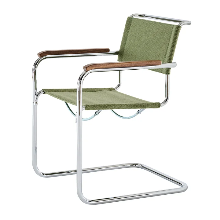 Thonet - S 34 V Armchair, chrome / reseda green (fabric Gabriel Nobel) / oiled walnut armrest