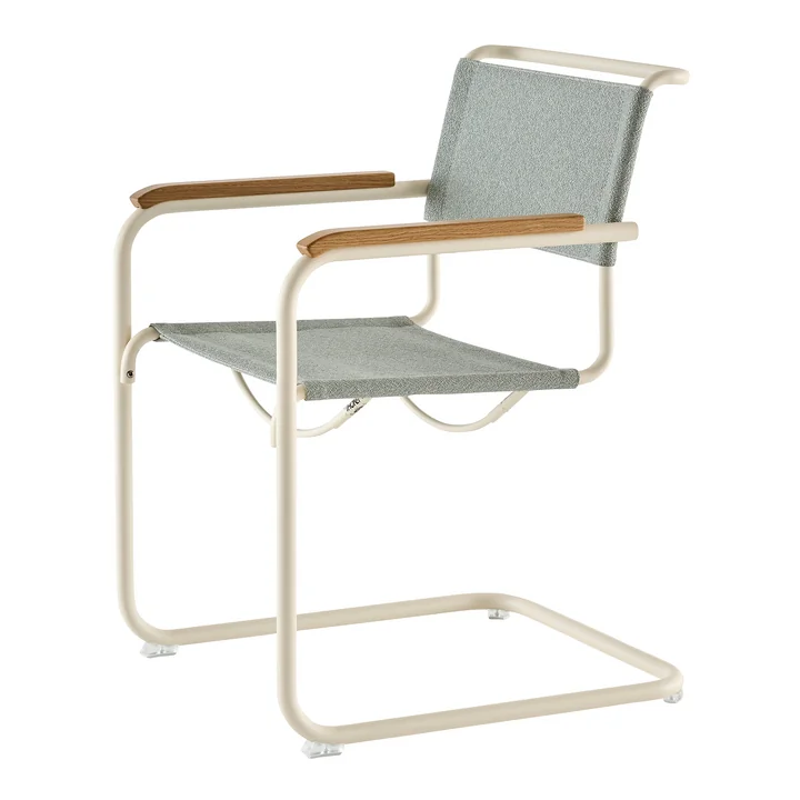 Thonet - S 34 V Armchair, pearl white / ray (Rohi Cento fabric) / oiled oak armrests