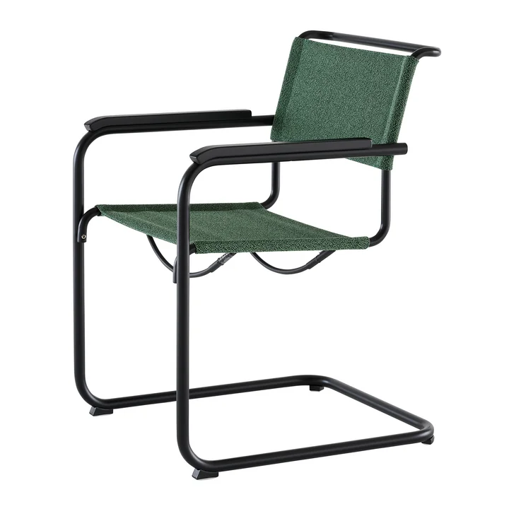 Thonet - S 34 V Armchair, deep black / malachite (Rohi Cento fabric) / stained oak armrests
