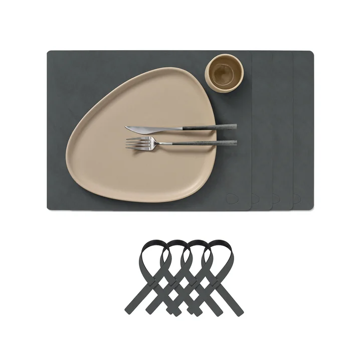 Lind DNA - Square L gift set, Nupo anthracite (4 placemats + 4 napkin rings)