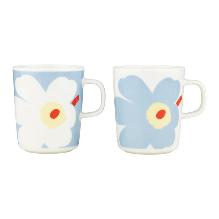 Marimekko - Oiva Juhla Unikko Mug with handle, 250 ml, white / lt.blue / orange red (set of 2)