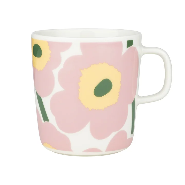 Marimekko - Oiva Unikko Mug with handle, 400 ml, white / pink / light yellow