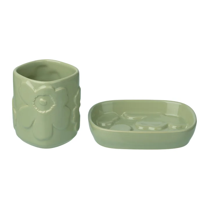 Marimekko - Unikko soap dish and toothbrush tumbler, pear (2 pcs.)