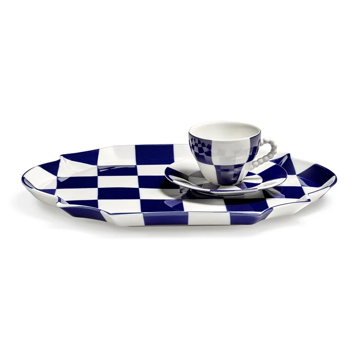 Serax - Fête des Bêtes Cup and saucer on serving platter, blue / white