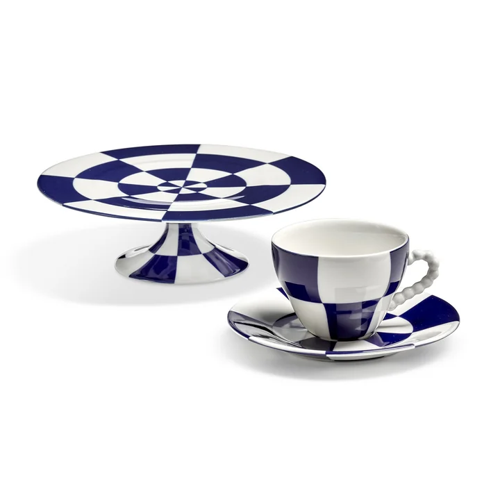 Serax - Fête des Bêtes Cup and saucer with cake stand, blue / white