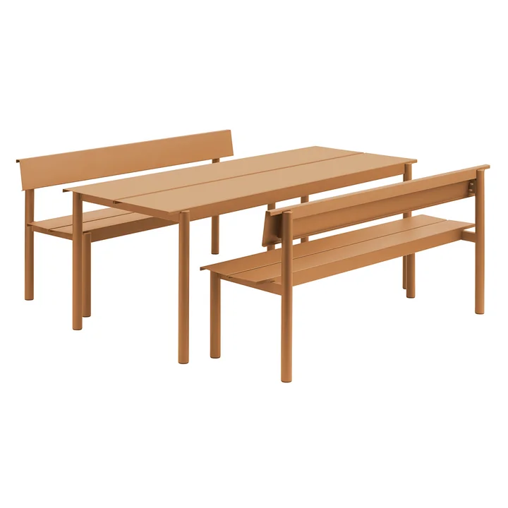 Muuto - Linear Steel Bench with backrest, 170 cm at garden table, burnt orange