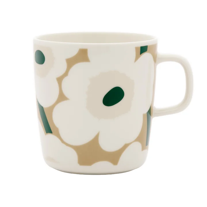 Marimekko - Oiva Unikko Mug with handle, 400 ml, white / beige / light sand / dark green