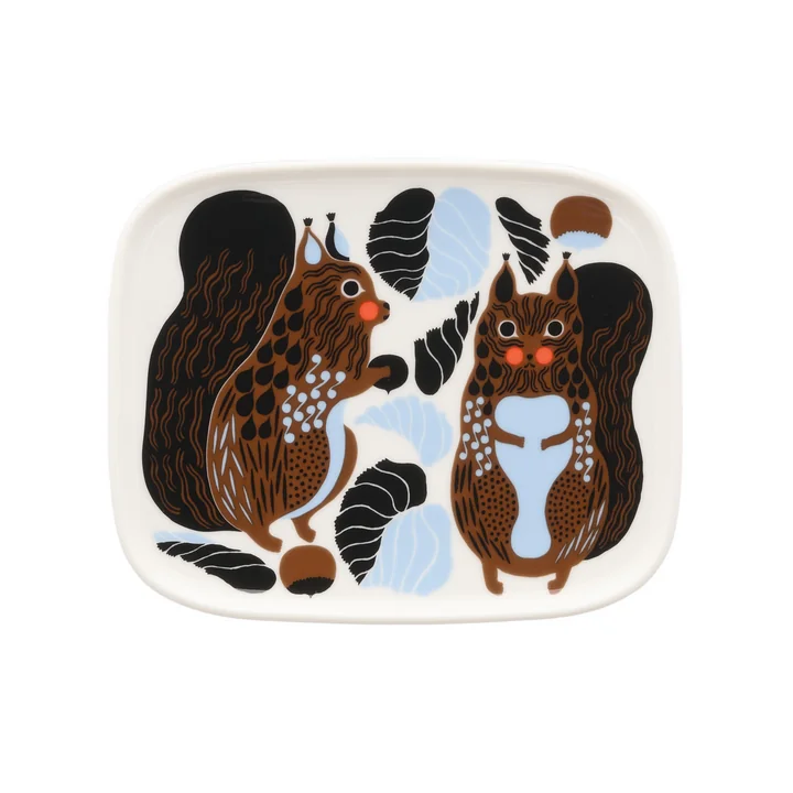 Marimekko - " Oiva Kurre " Plate, 15 x 12 cm, white / brown / black / light blue