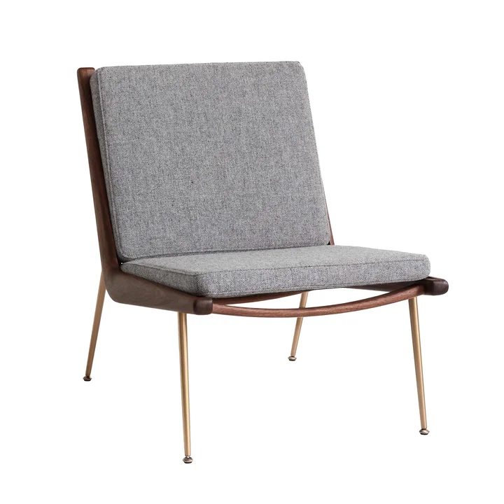 & Tradition - Boomerang HM1 Lounge Chair, Oiled Walnut / Brass Legs, Gray (Hallingdal 130)