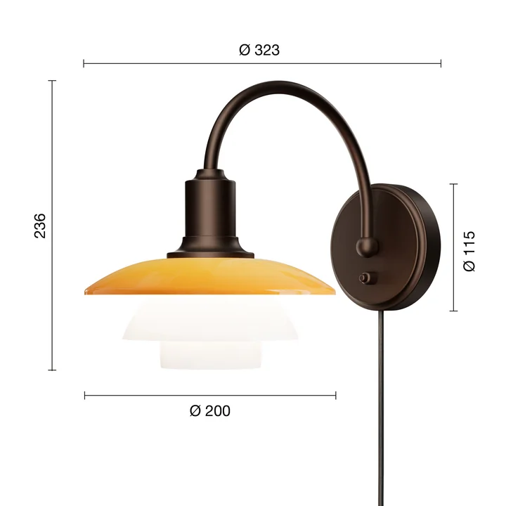 Louis Poulsen - PH 2/2 Centenary Edition Wall Sconce, Amber / Opal White - Dimensions