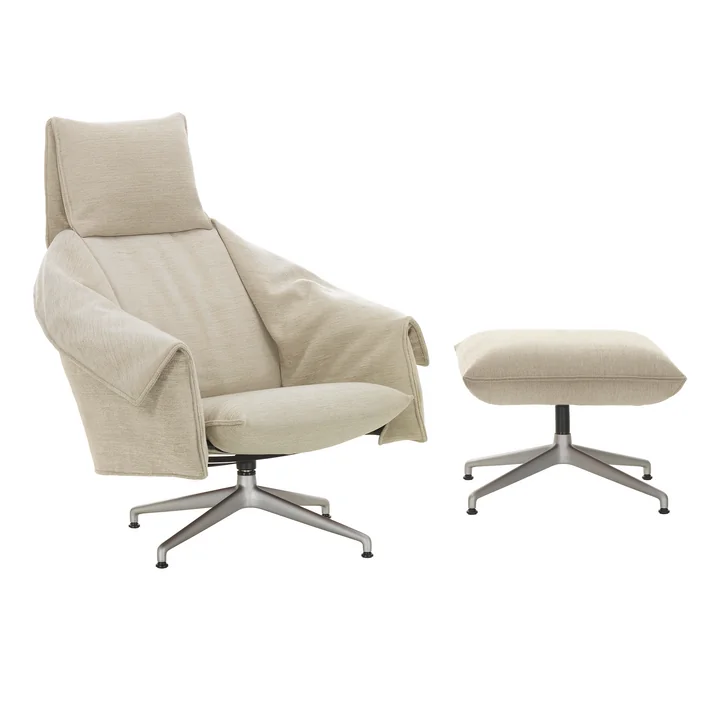 Vitra - Bascule Highback & Ottoman, 4-star aluminum base in chalk finish, F80 Iroko cream upholstery