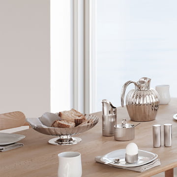 Bernadotte sugar bowl incl. spoon, egg cup and salt and pepper shaker by Georg Jensen on the table 