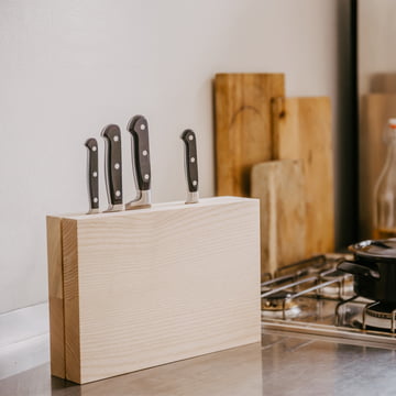 The Timber Twin knife block from side by side on the kitchen counter
