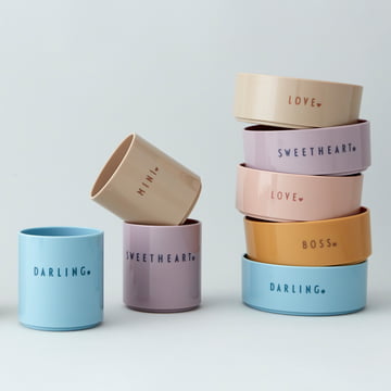 The different colored AJ Mini Favourite Tritan cups and bowls from Design Letters