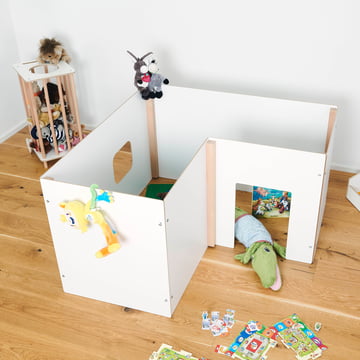 wall children's playhouse and room divider in white / beech and zoo storage trolley in white / beech by Tojo