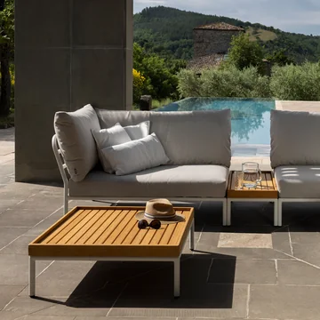 HOUE - Level 2 Sofa, left, muted white / ash, coffee table 81 x 81 cm bamboo, muted white