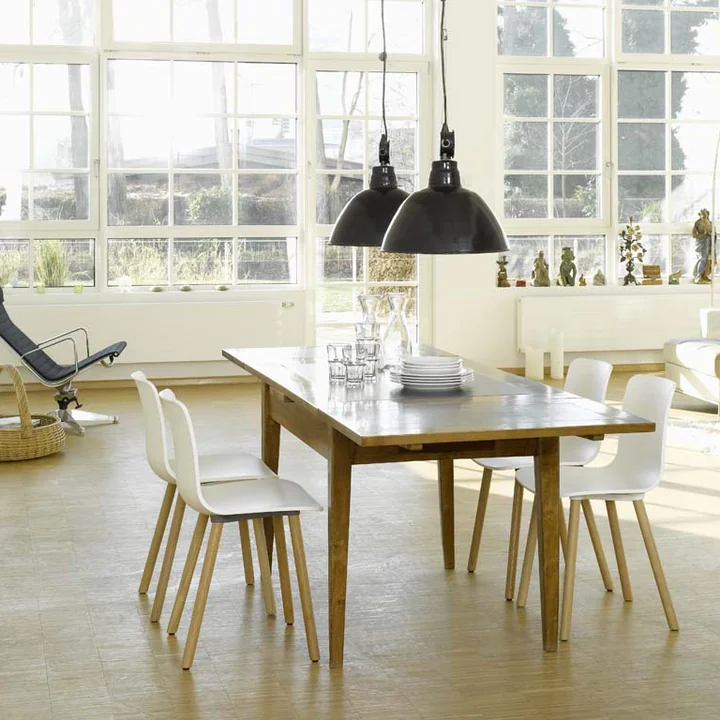 Dining chair with wooden base and plastic shell