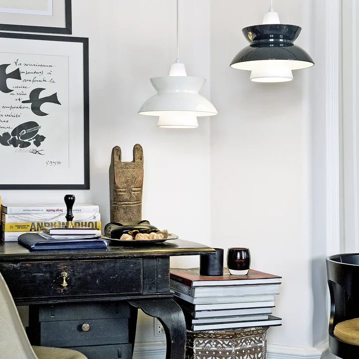 DooWop pendant lamp by Louis Poulsen in white and dark grey above the desk