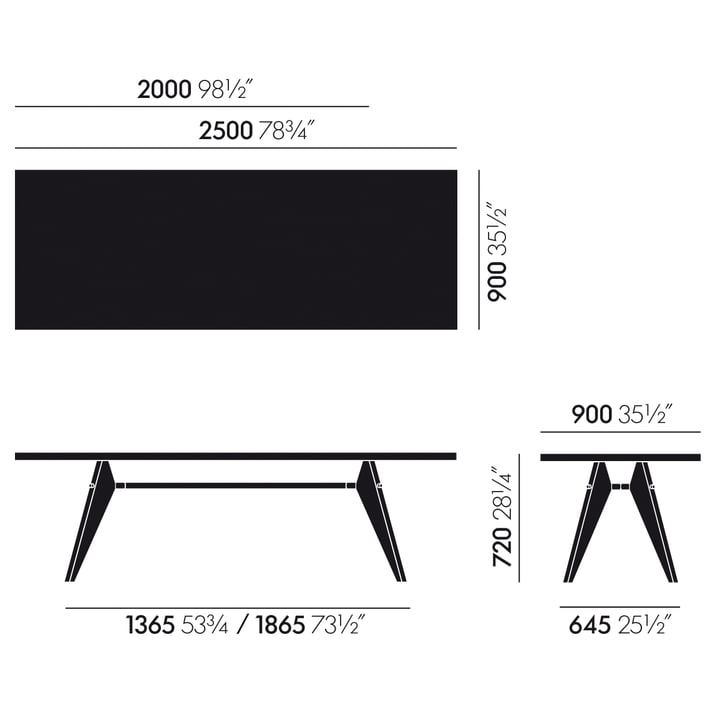 The dimensions of the Em Table Dining table from Vitra Oak