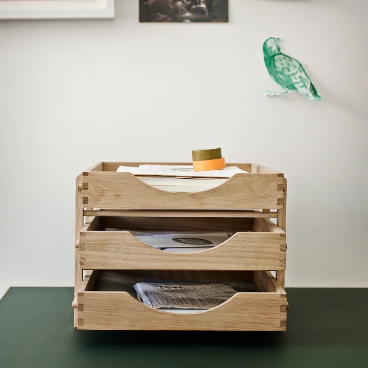 The Dania Letter Tray from Skagerak filled with documents, notes and more