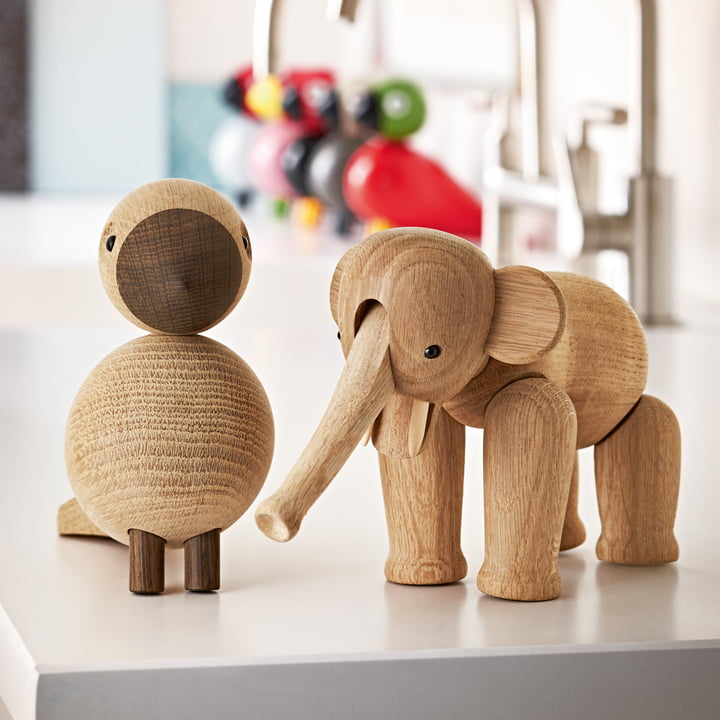 Wooden elephant and songbird by Kay Bojesen