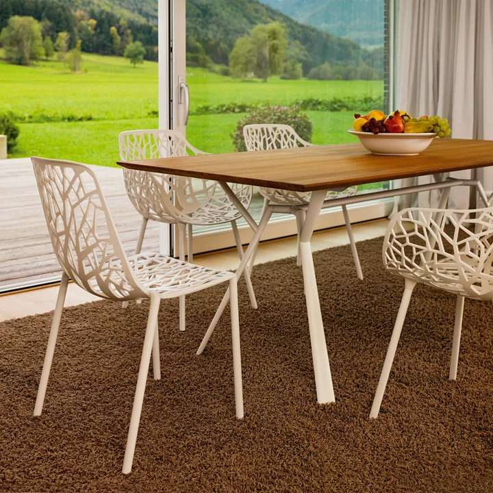 Stylish dining table with teak table top