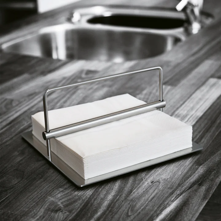 The napkin holder from Stelton on the kitchen counter