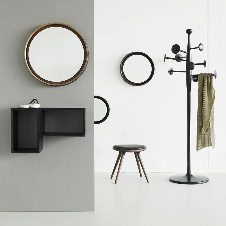 Stool in oak with Trumpet coat stand, Sophie Mirror and Box System made from mango wood by Mater.