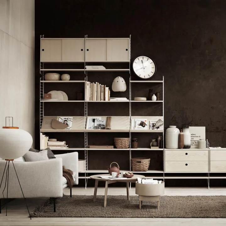 Shelving system from String made from ash wood