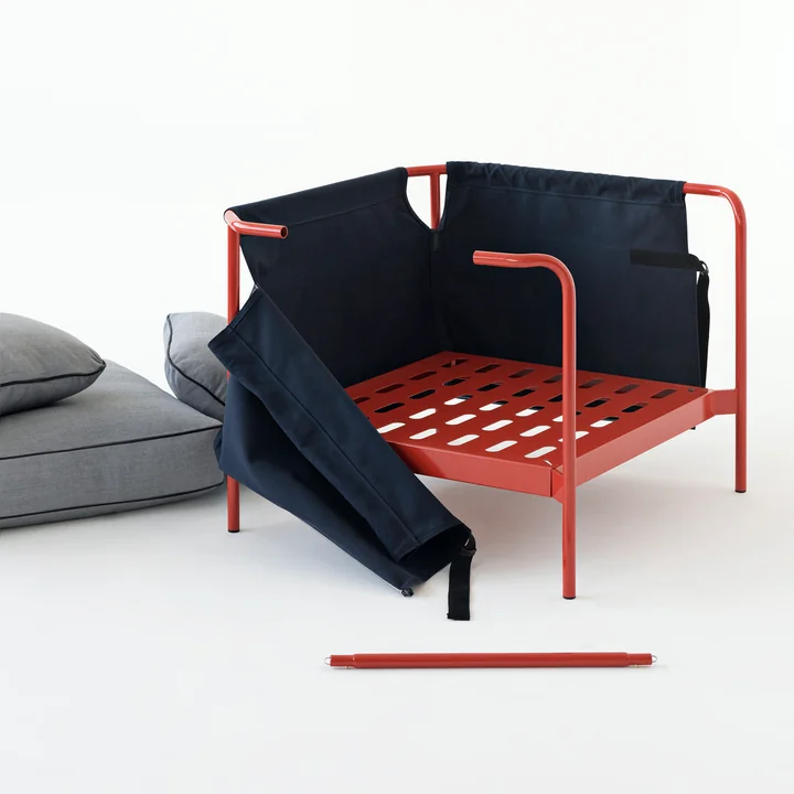 Can armchair in red / Canvas blue / Canvas grey by HAY in construction