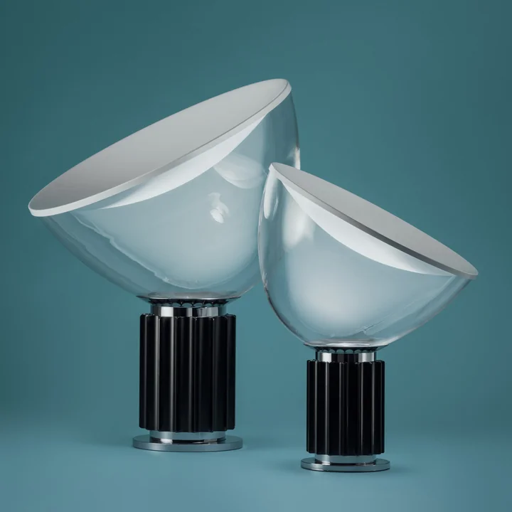 The Taccia LED table and floor lamp in black and the Taccia small LED table lamp in black by Flos
