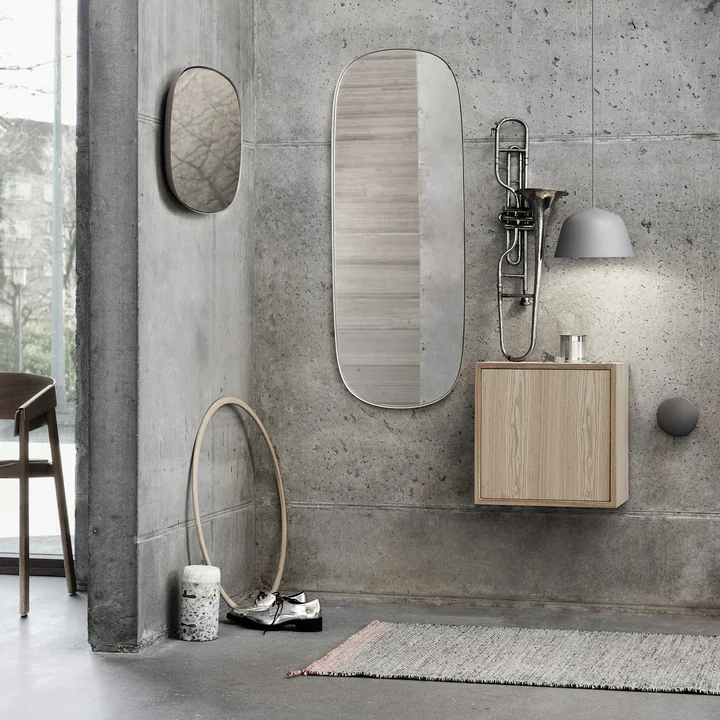 The Framed Mirror, the Ambit pendant light and the Stacked shelf module