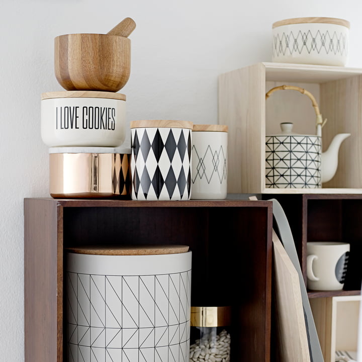 Bloomingville - Storage Jar with Bamboo Lid, black / white, Ø14.5 x H18 cm