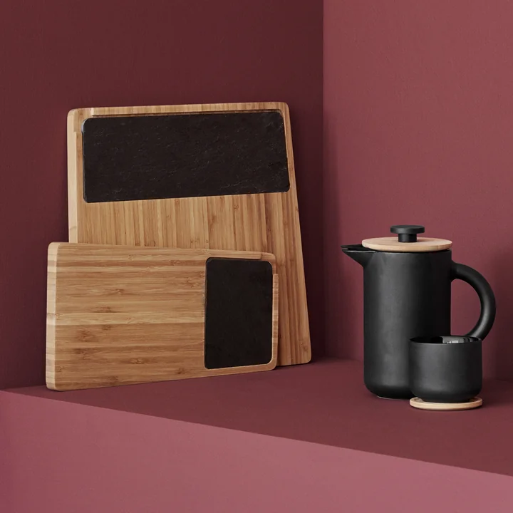 Twin serving tray, Theo coffee maker and tea mug with coaster from Stelton