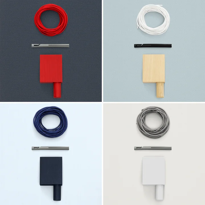 Hanging device, fabric and clips of the Kvadrat Ready Made Curtain in different colors