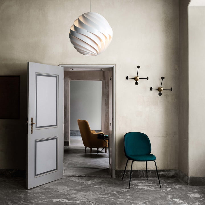 Matégot coat hooks from Gubi with Turbo pendant light and Beetle dining chair