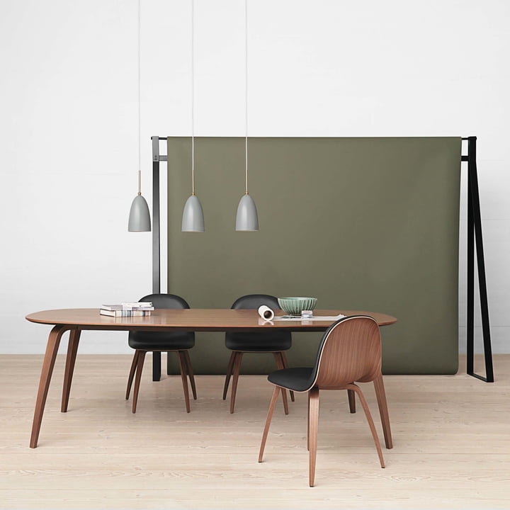 Dining Table by Gubi with Chairs and Pendant Lights