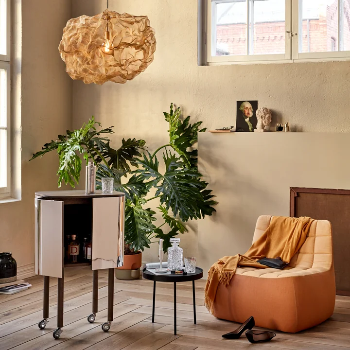 Loud bar cart, Yam chair and Heat Pendant light from Northern
