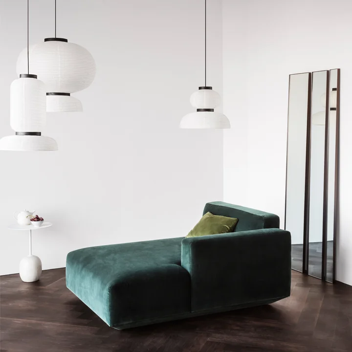 Lato Side table, Formakami pendant lights, Develius sofa and Amore wall mirror from & Tradition