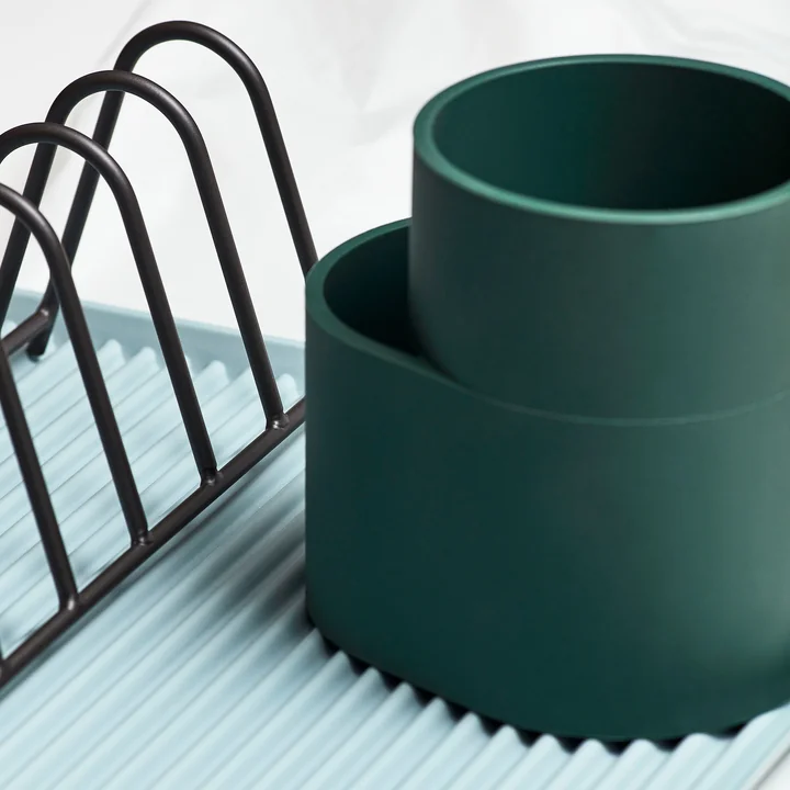 The HAY - Dish Drainer Drip Tray in Dark Green with Frame in Light Blue